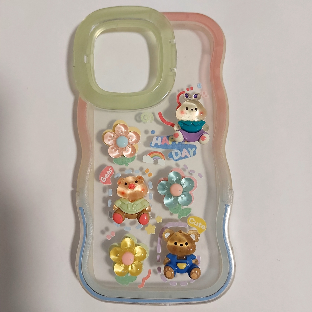 iPhone 15 Pro Max Case Bear Flower Wavy Frame Clear Shockproof Protective Cover